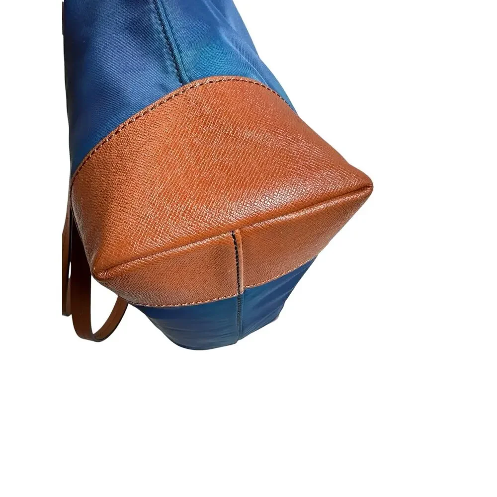 Tory Burch Blue Nylon Tote Tan Leather Trim Gold Hardware Shoulder Bag